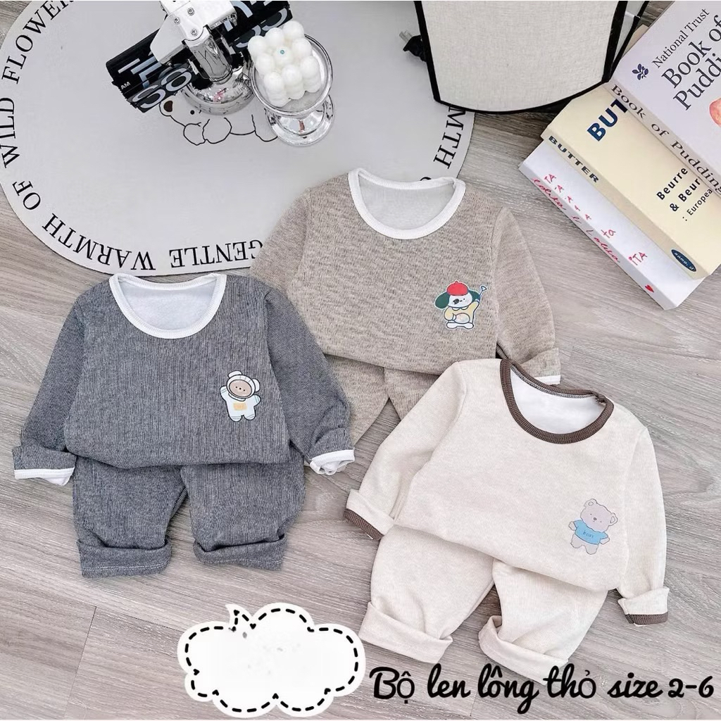 Bộ len lông thỏ dài tay cho bé trai và bé gái chất liệu mềm mại giữ ấm cực tốt cho bé size 4kg-16kg