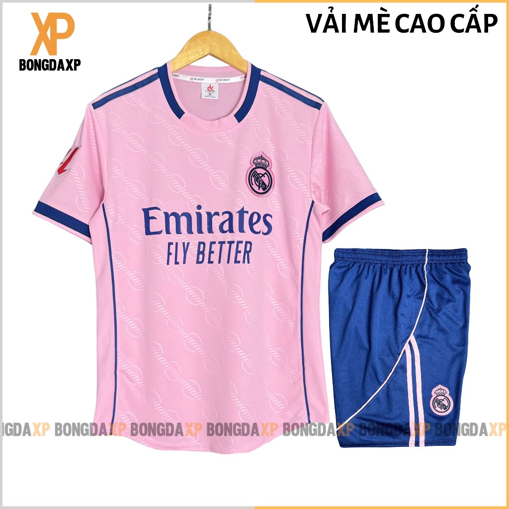 Quần Áo Đá Bóng Real Madrid Hồng 2025, Đồ Đá Banh Vải Mè Cao Cấp
