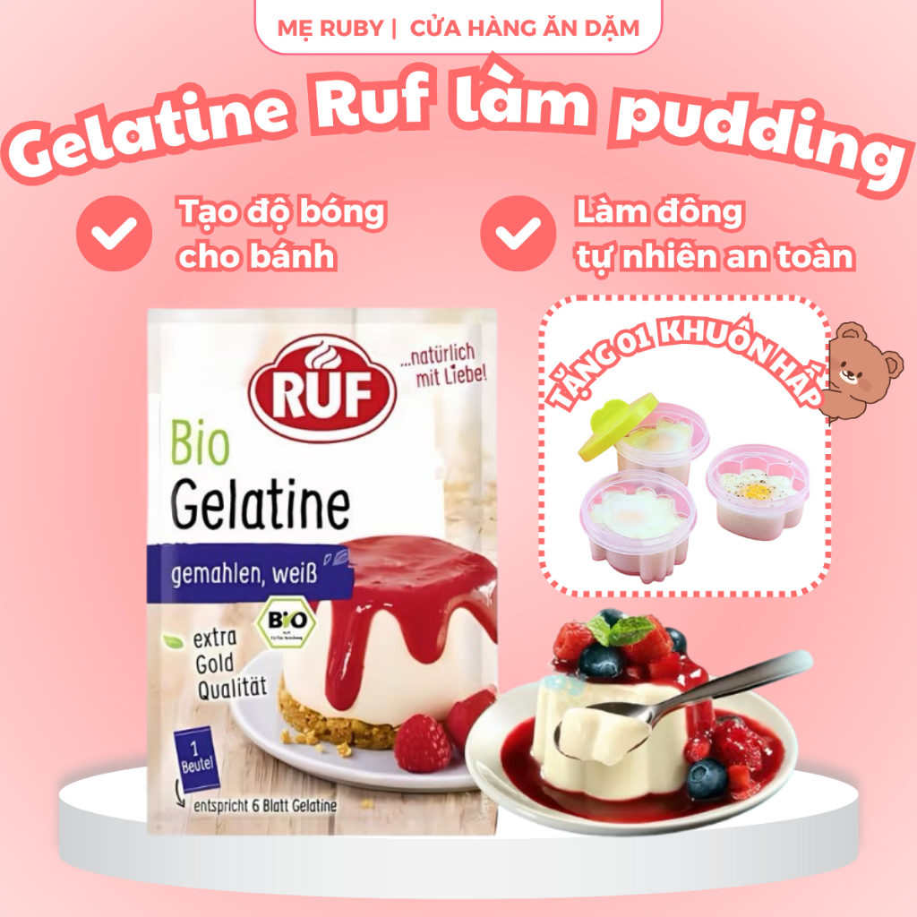 (Tặng khuôn hấp bánh) Bột gelatine hữu cơ ăn dặm cho bé làm bánh thạch pudding chipchip kẹo dẻo 9g