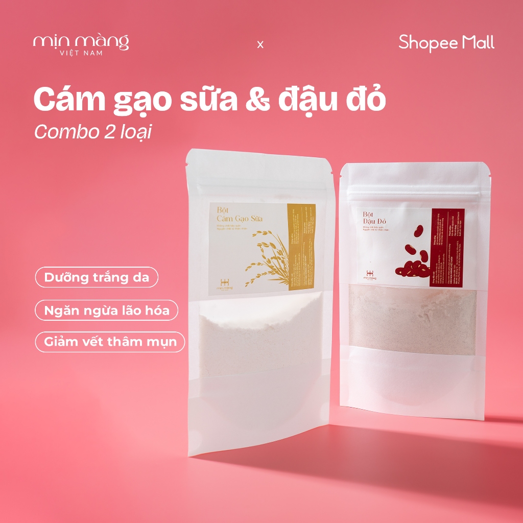 Combo Bột Cám Gạo + Bột Đậu Đỏ Đắp Mặt Thiên Nhiên Trắng Da, Mờ Thâm, Tẩy Tế Bào Chết