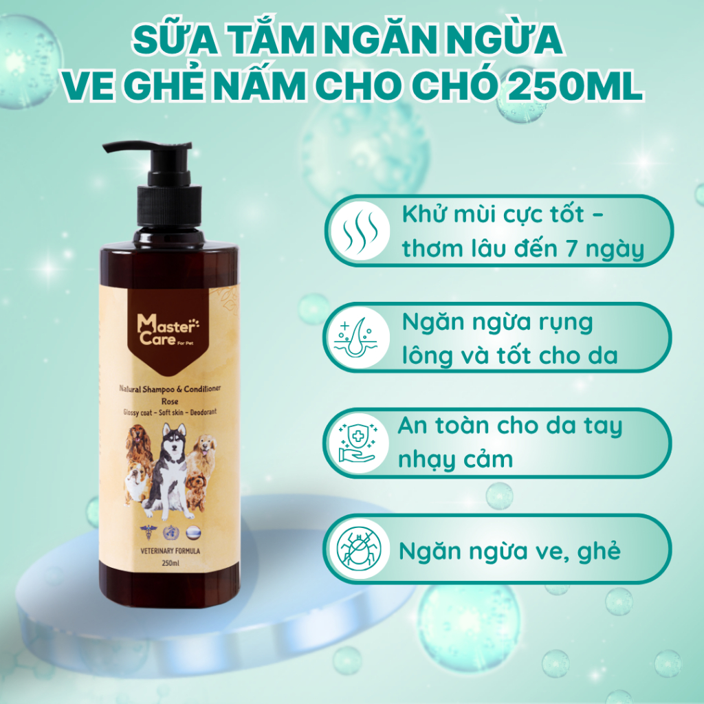 Sữa Tắm Thơm Lâu MasterCare Ngăn Ngừa Ve Ghẻ Dưỡng Lông Mềm Mượt Cho Mọi Dòng Chó 250ml