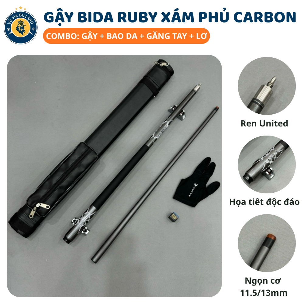  Cơ Bida Lỗ Líp Ruby Xám Phủ Carbon Cao Cấp - Cơ Bida Đầu Cơ 13mm 11.5mmn  Combo Cơ+Bao+Găng+Tay  