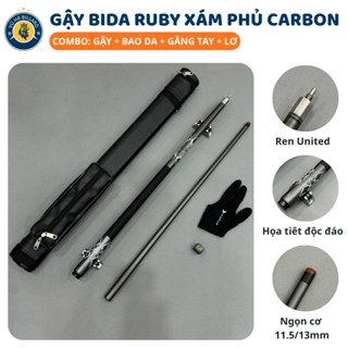  Cơ Bida Lỗ Líp Ruby Xám Phủ Carbon Cao Cấp - Cơ Bida Đầu Cơ 13mm 11.5mmn  Combo Cơ+Bao+Găng+Tay  