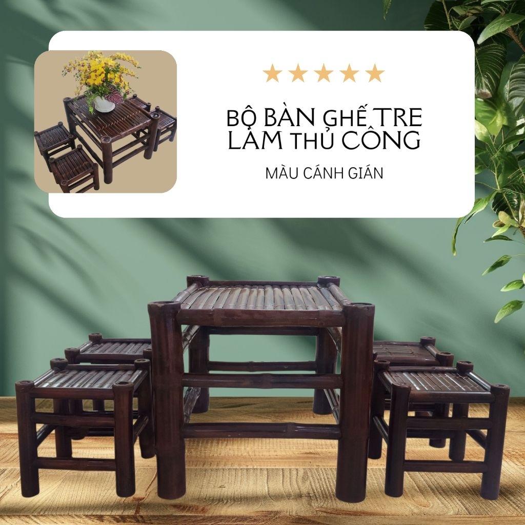 Bàn ghế tre 1 bàn 4 ghế, kt 50x70 cao 50, Màu cánh gián