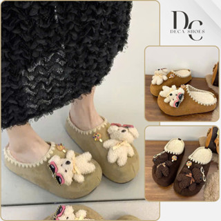 Dép sục nữ lót lông da lộn đính charm gấu lucky lông xù đế cao 4cm_Deca shoes 