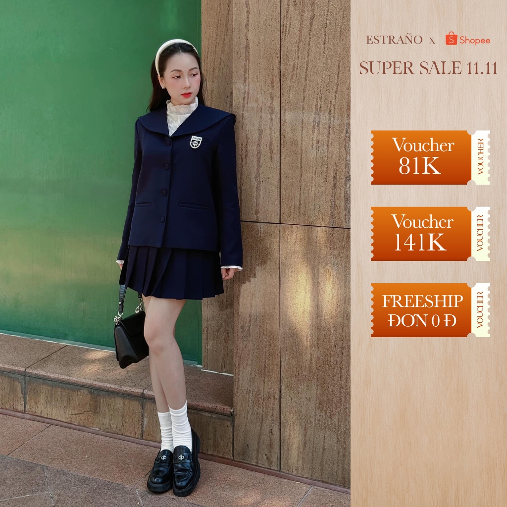  SET ÁO KHOÁC VÀ CHÂN VÁY XẾP LY MÀU XANH NAVY TRẺ TRUNG SANG CHẢNH TẶNG KÈM PHỤ KIỆN - CELI SET BY ESTRANO 