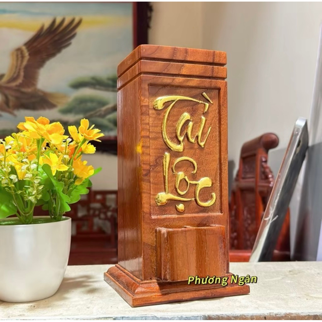 Ống Đựng nhang gỗ tự nhiên đục (chữ Tài lộc sơn son thiếp vàng ) sang trọng rang nghiêm