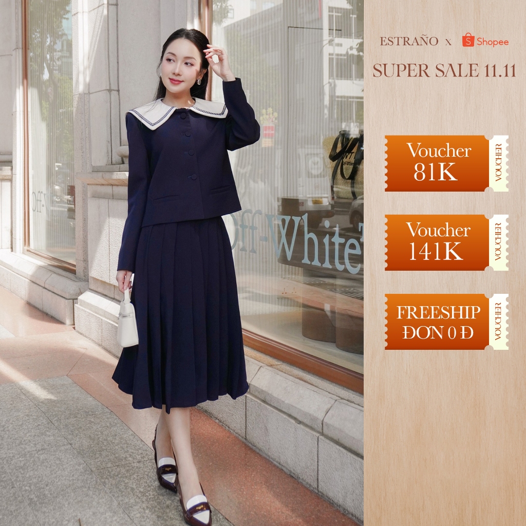 Set áo Meily navy mix chân váy xếp ly trẻ trung, sang chảnh MEILY NAVY - BY ESTRANO