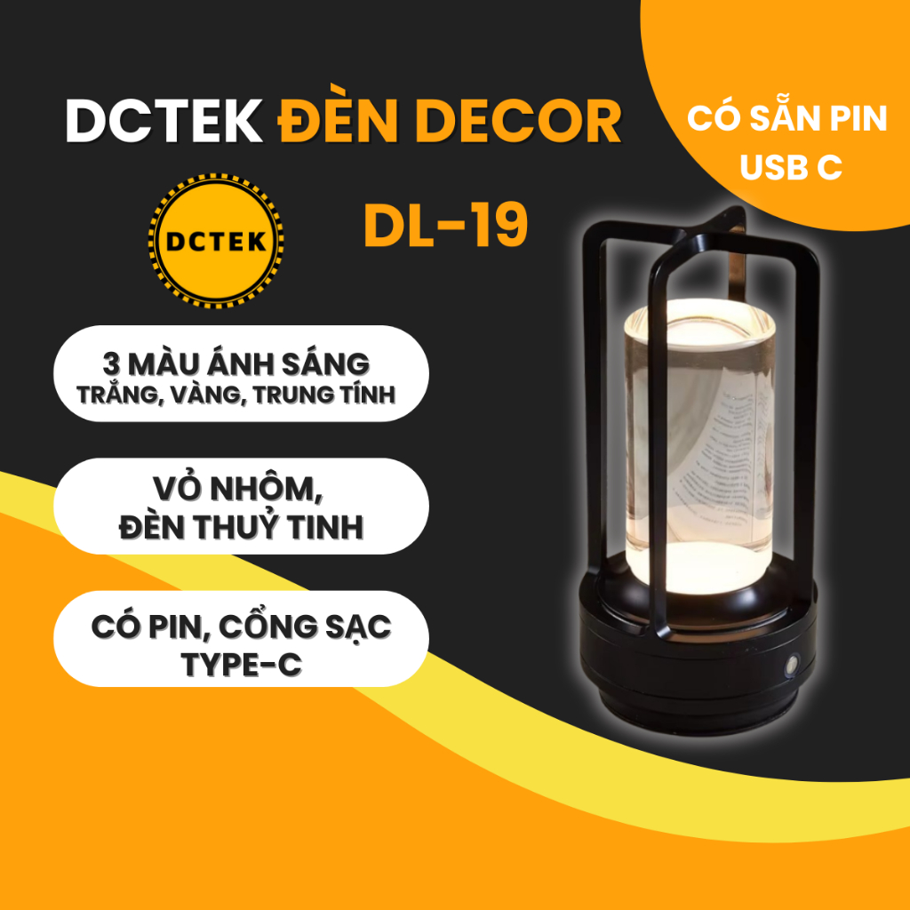 Đèn decor DCTEK DL19 có pin sạc lại được, chất liệu kim loại và thuỷ tinh, màu đen, nhiều mode màu