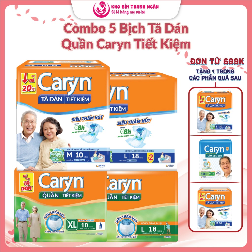 Combo 5 Bịch Bỉm Tã Dán / Tã Quần Caryn Tiết Kiệm Đủ Size M18 L18 XL18 - Caryn Ngày Và Đêm - Kho Bỉm