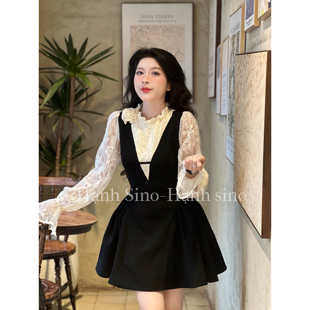 Hạnh sino.97 Váy liền dáng ngắn mix tay ren mềm mới
