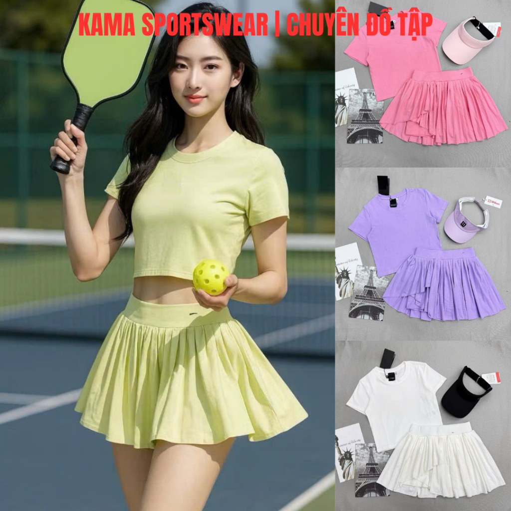 Bộ tập pickleball nữ Kama sport BP157, bộ áo croptop mix chân váy xếp ly tập pickeball, tennis, zumb