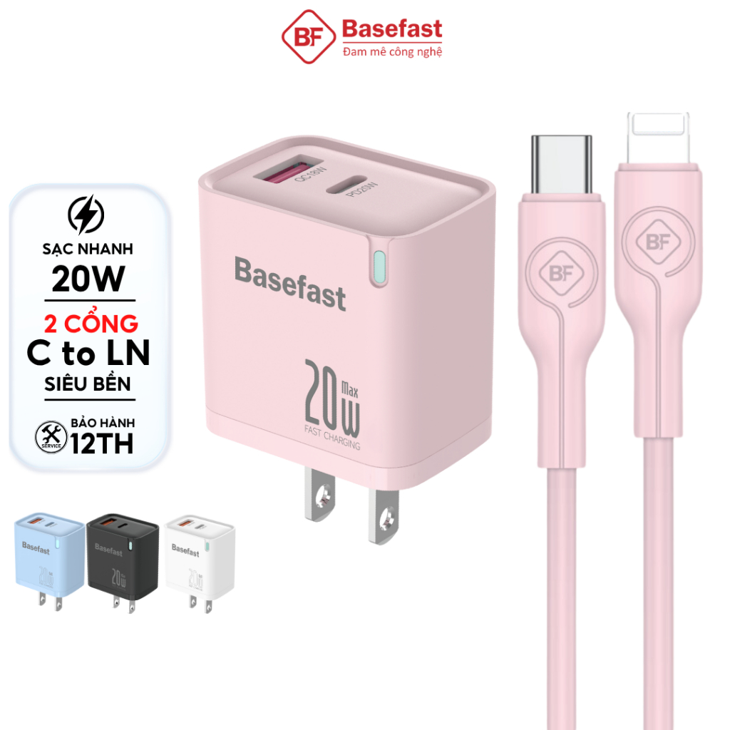Combo bộ sạc nhanh 20W C to LN Basefast cục sạc PD20W cổng kèm dây silicon cho Phone 11 12 13 14 pro
