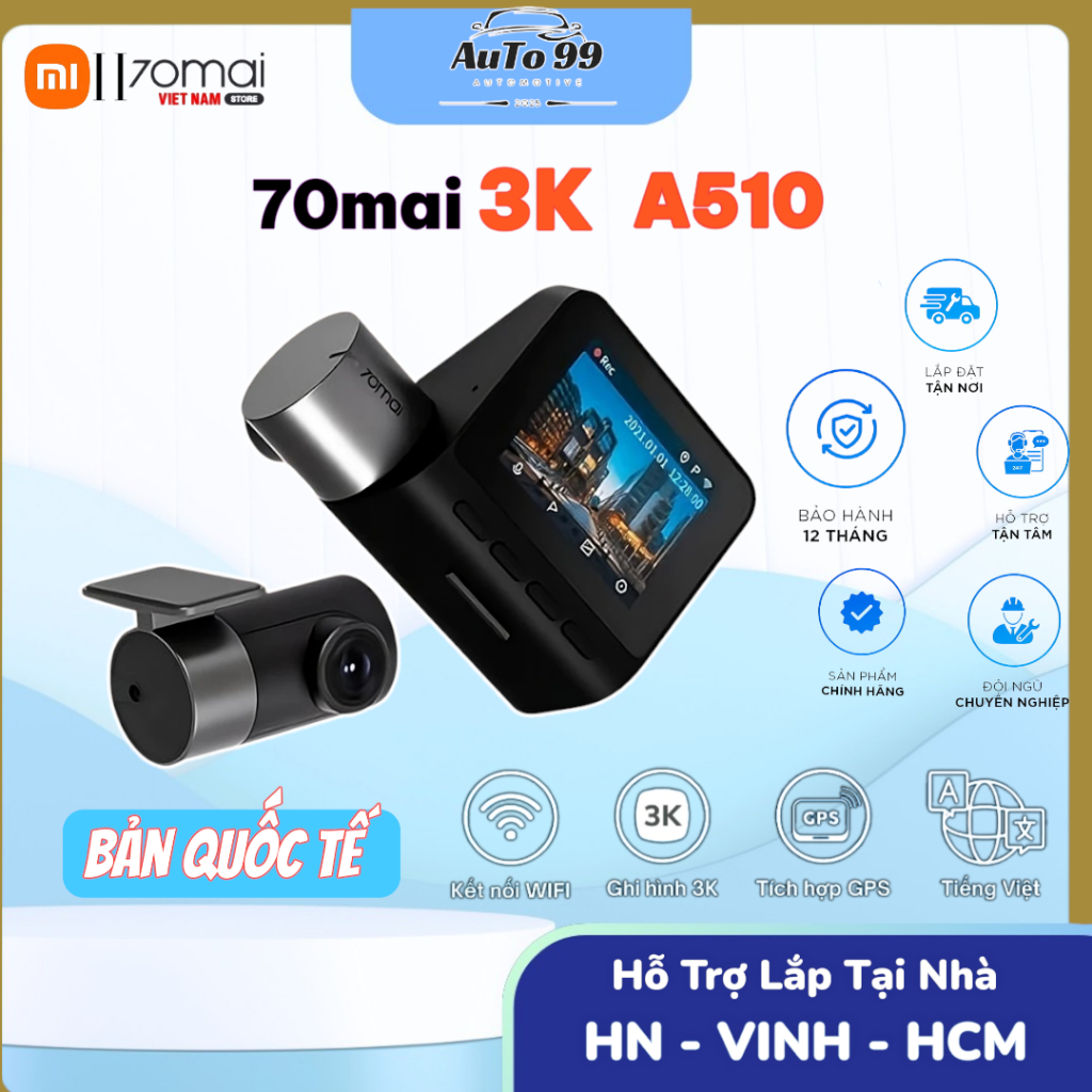Camera Hành Trình 70mai 3K A510 All New Ghi Hình 2 Kênh Trước Sau Chất Lượng 3K UHD HDR (Bản Quốc Tế