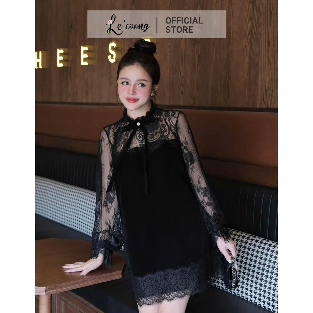 Váy Nhung Tiểu Thư Dáng Suông ( CÓ BIGSIZE) LECOONG V827 Đầm Đẹp Tay Ren Đính Nơ Sang Chảnh