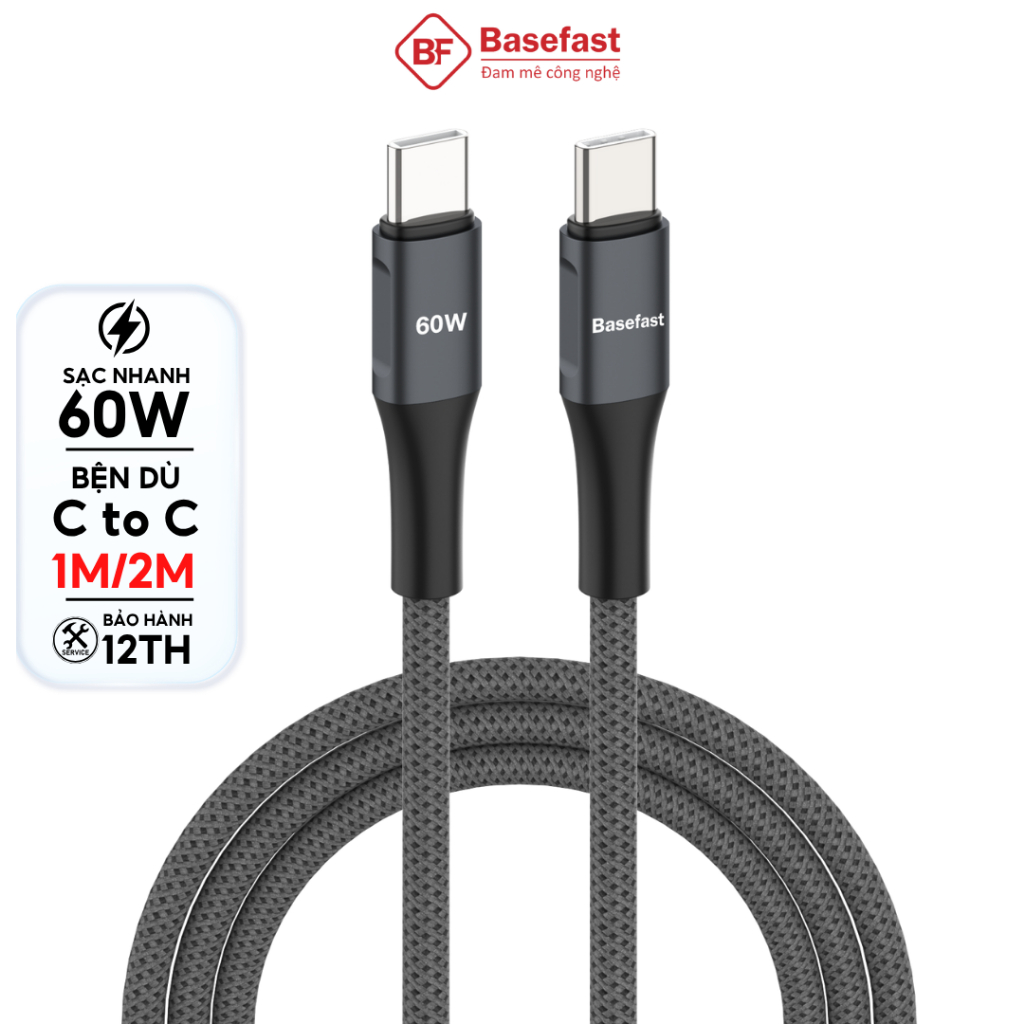 Dây sạc nhanh Type C 60W Basefast cáp bọc dù 1m 2m C to C dùng cho Phone 15 16 17 samsung xiaomi ...