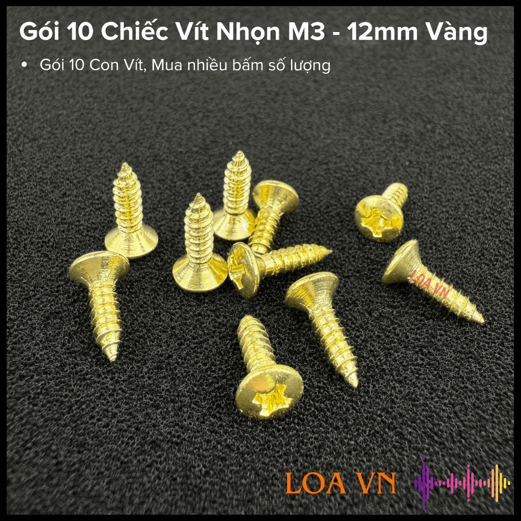 Gói 10 Ốc vít cho loa loại 3x12mm màu vàng kim loại thật đẹp cho loa, đồ gỗ shop Loa VN