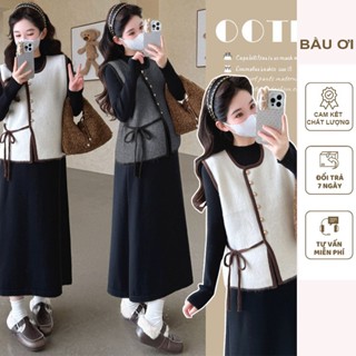  Set đầm bầu mùa đông 2 chi tiết gồm áo gile dạ buộc dây nơ điệu đà và váy len dài tay dáng suông A thanh lịch X621 