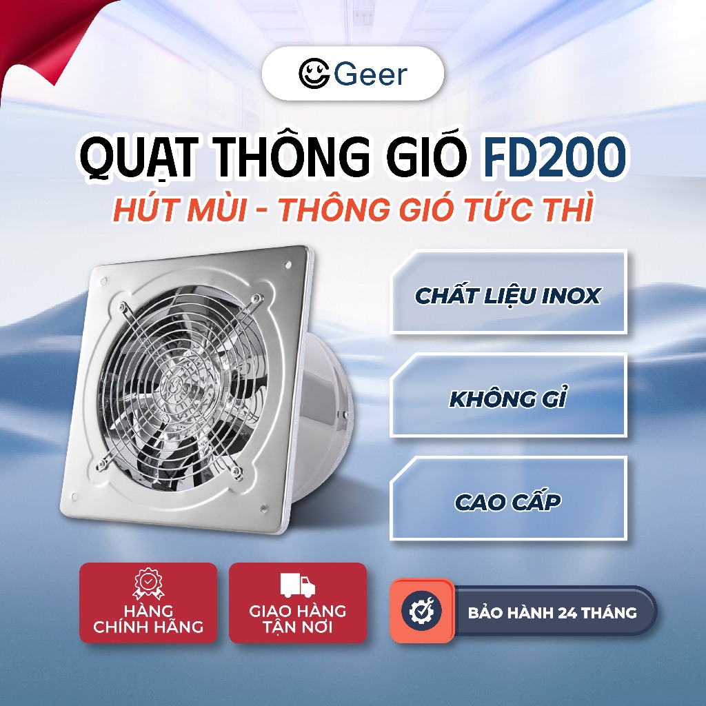 Quạt hút khói inox GEER FD200 – 80W, 7 cánh kim loại, thiết kế vuông 19x19cm, hút gió mạnh, tiết kiệ