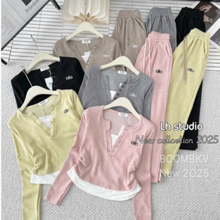  Set Bộ Đồ Nữ Len Tăm Lông Thỏ Thêu Alo Áo Cổ TRòn Cúc Lửng NHún Eo Phối Trắng Mix Quần Suông Dài Ống Rộng 