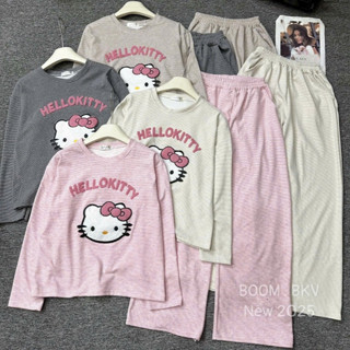  Set Bộ Đồ Nữ Len Thỏ Kẻ Ngang Áo Dài Tay Thêu Hello Kitty Lông Nổi Mix Quần Suông Dài Ống Rộng 