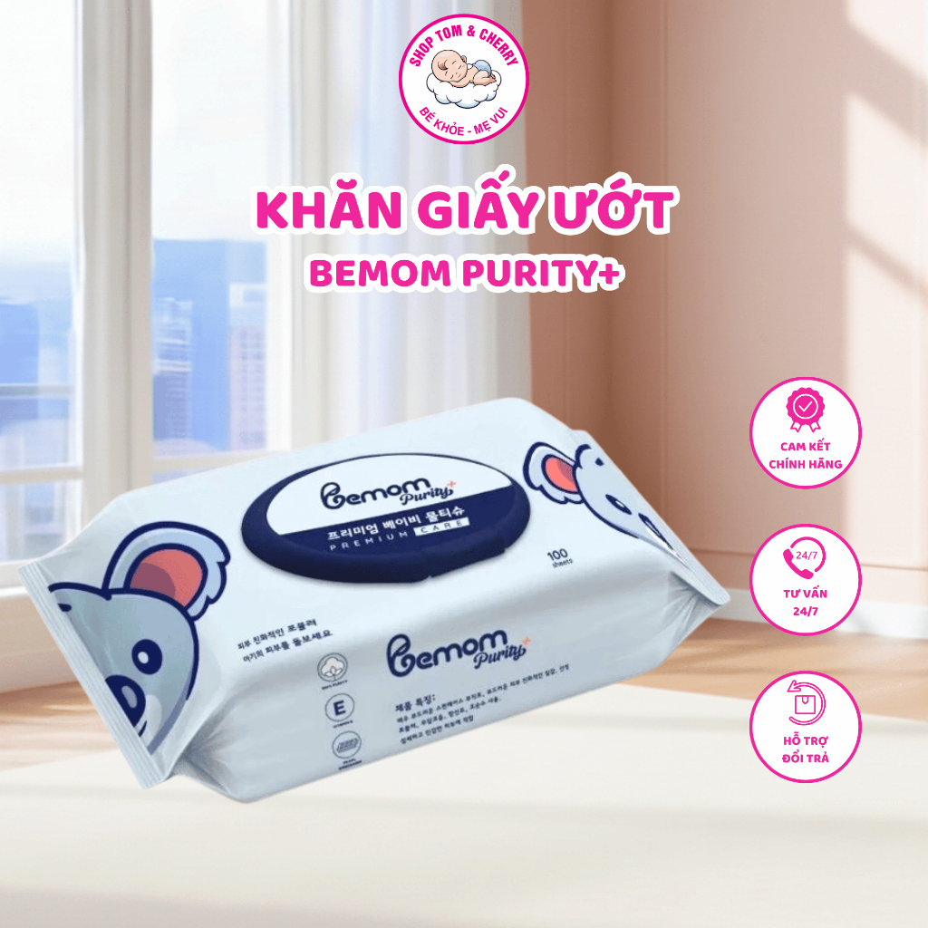 Khăn Giấy Ướt Bemom Purity+ Hàn Quốc Làm Sạch Vết Bẩn Bổ Sung Vitamin E Giúp Da Mềm Mại 100 Tờ