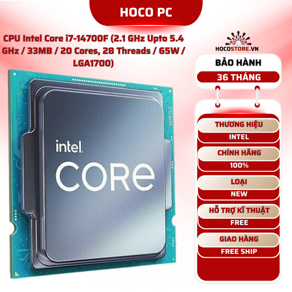 CPU Intel Core i7-14700F (2.1 GHz Upto 5.4 GHz / 33MB / 20 Cores, 28 Threads / 65W / LGA1700) | Hoco