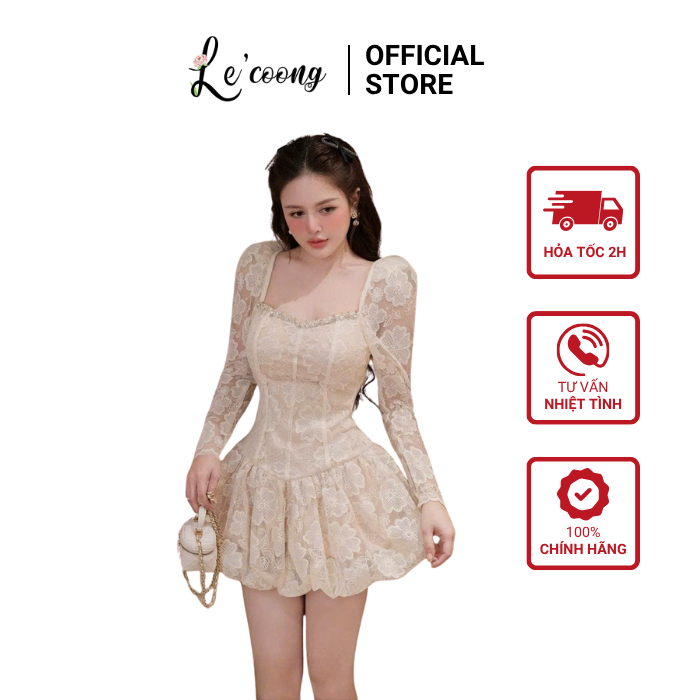 Váy Tiểu Thư Tay Dài Cổ Vuông Viền Đá (CÓ BIGSIZE) LECOONG V834 Đầm Thiết Kế Ren Hoa Nổi Sang Chảnh