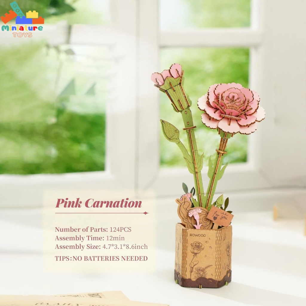 Mô hình hoa gỗ tự lắp ghép 3D DIY Robotime Rowood | Pink Carnation Wooden Flower Puzzle TW051