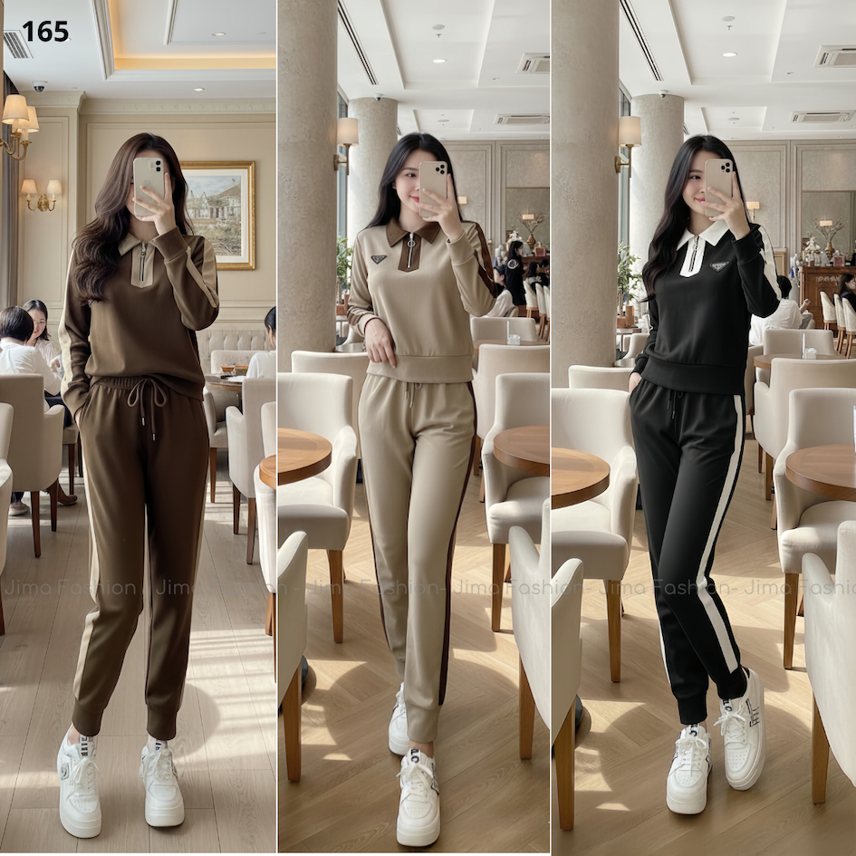 (CÓ LẺ Áo) Set bộ áo dài tay cổ trụ khóa kéo mix viền trẻ trung quần ống suông chất Tăm Thỏ Jima 165