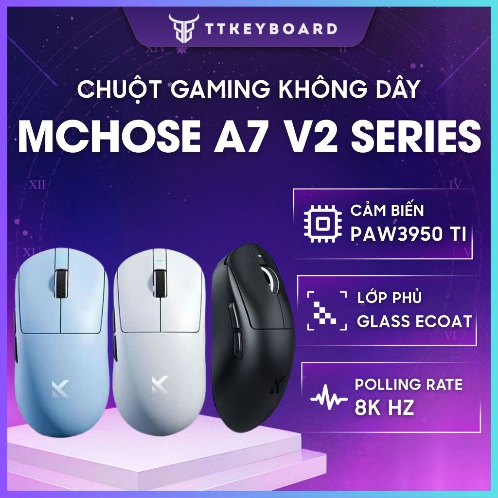[Hỏa Tốc] Chuột Gaming Không Dây Mchose A7 V2 Series Cảm Biến PAW 3950TI Dual 8K Polling Rate