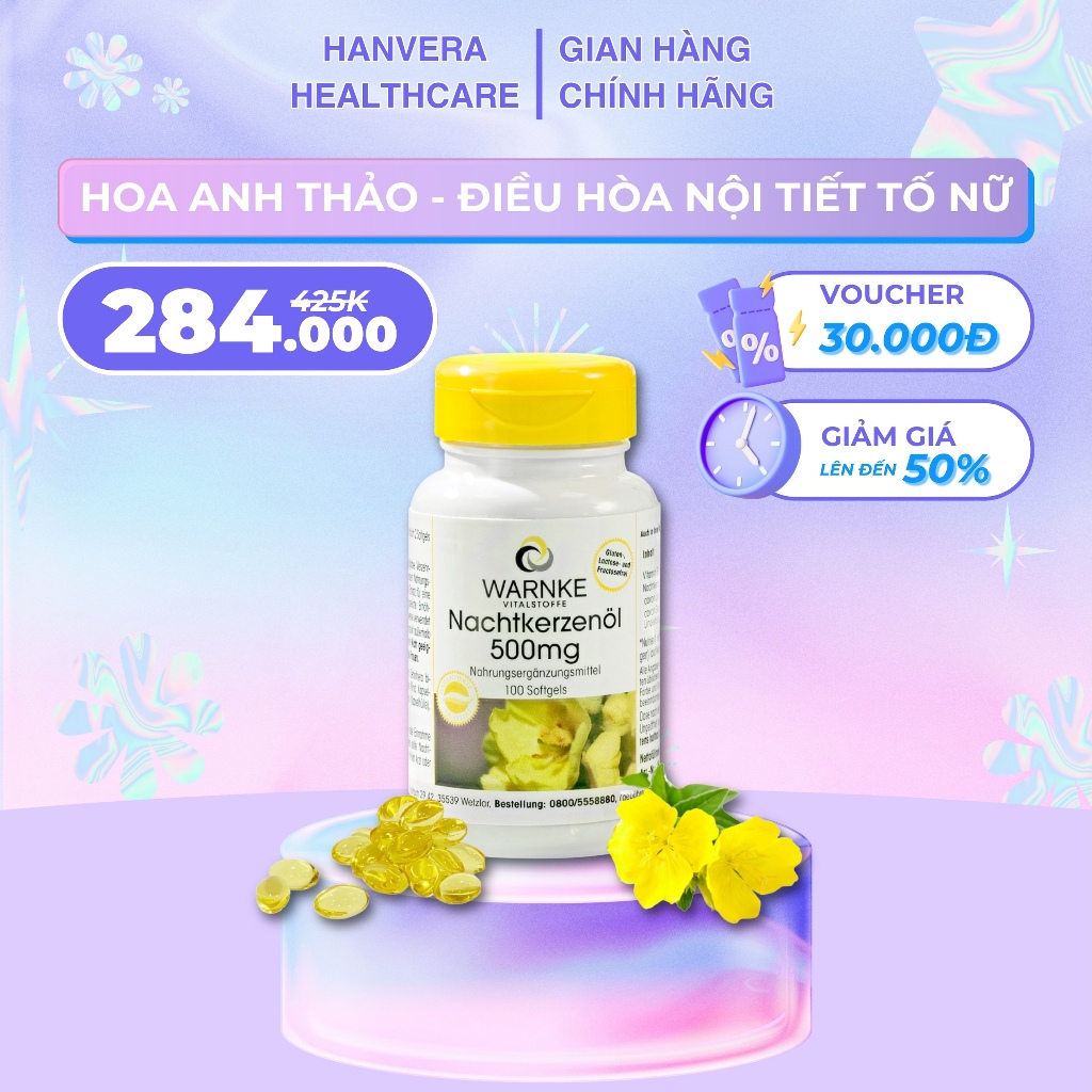 Viên Uống Tinh Dầu Hoa Anh Thảo Đức Warnke Nachtkerzenöl 500mg Cân Bằng Nội Tiết Tố Nữ, Tăng Thụ tha