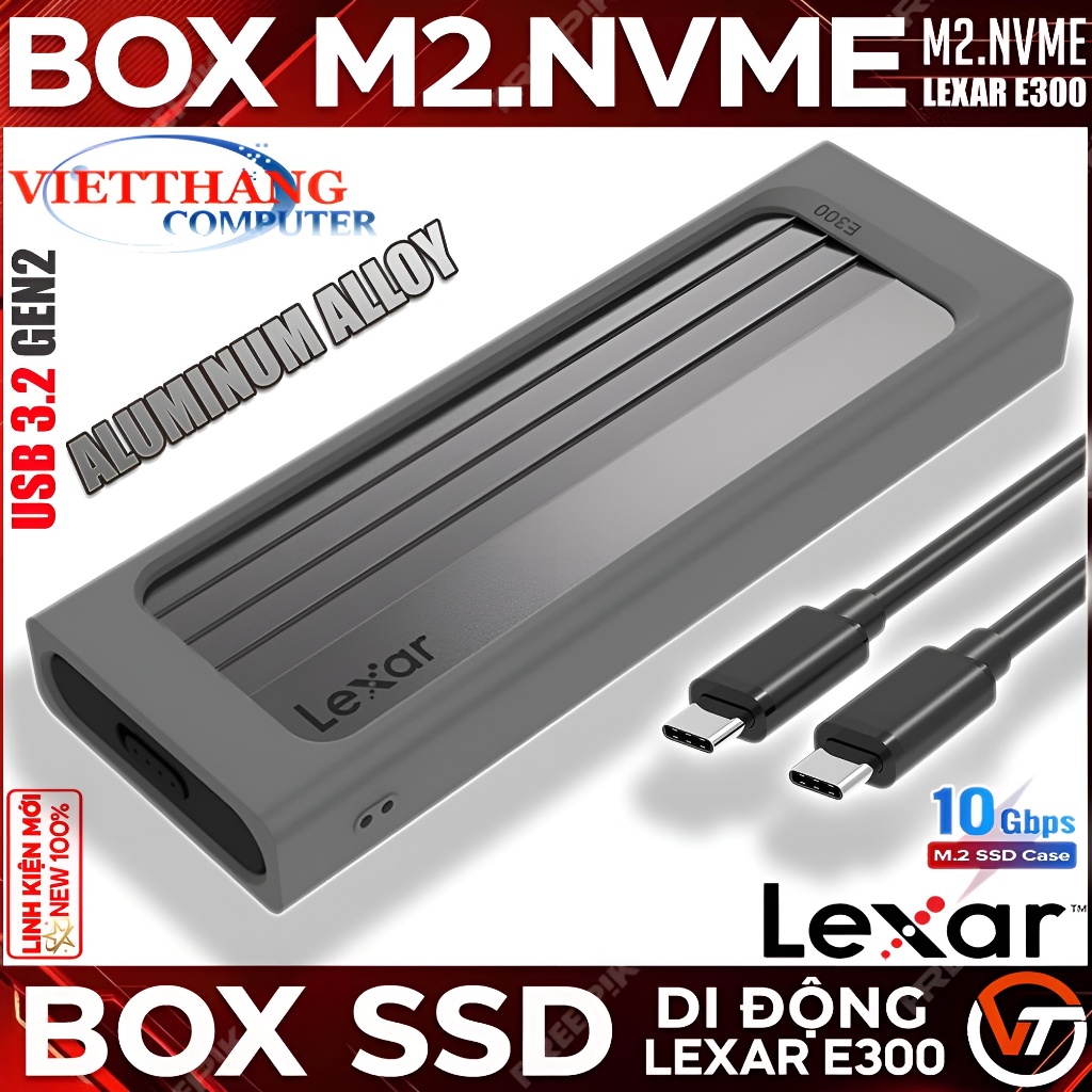 Box SSD Lexar E300 Hỗ trợ SSD M2.NVMe Chuẩn USB 3.2 Gen2 10Gbps - Nhôm nguyên khối Aluminum rất đẹp