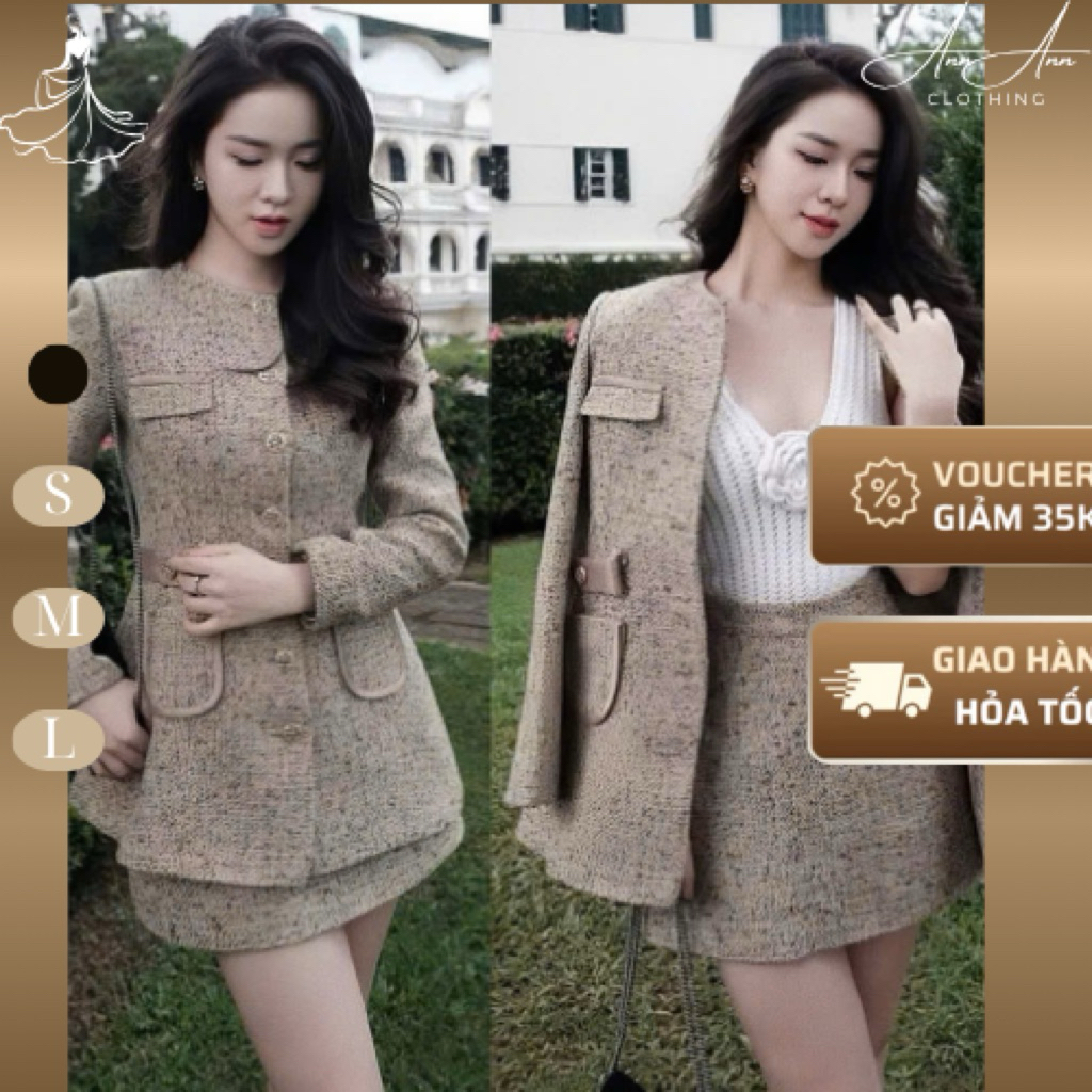 Ann Ann Clothing- Set dạ nữ dài tay, Bộ vest dạ nâu Set đồ dạ nữ dáng ngắn phối chân váy dáng ngắn t