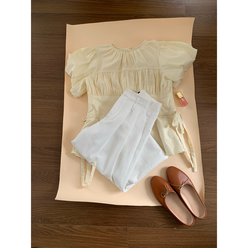 DOB - Áo kiểu linen tay phồng rút eo dáng peplum | Eunbi Top | | BigBuy360 - bigbuy360.vn