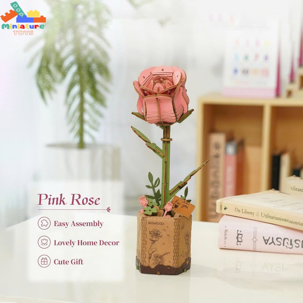 Mô hình hoa gỗ tự lắp ghép 3D DIY Robotime Rowood | Pink Rose Wooden Flower Puzzle TW041