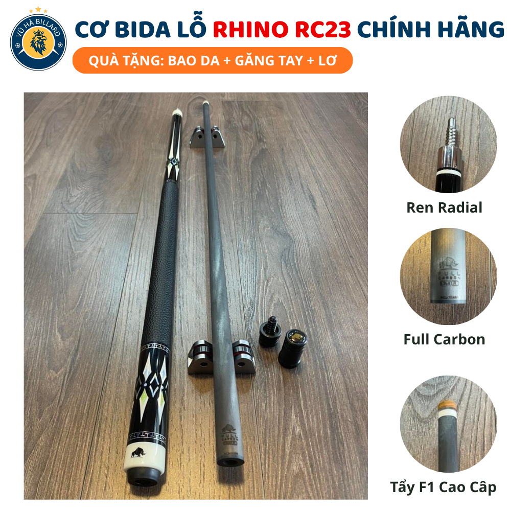   Tặng Bao Da+Găng+Lơ  Cơ Bida Lỗ Rhino RC23 - Ren Radial Đầu Cơ 12.4mm Tẩy F1 Cao Cấp Chính Hãng 