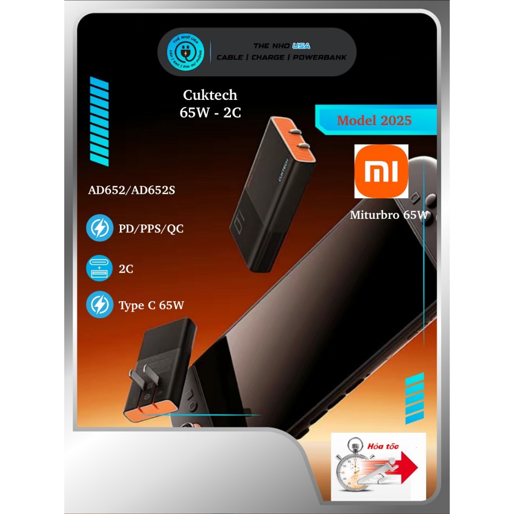 Củ sạc nhanh Cuktech Ultra Slim 65W 2 cổng type C AC65B2 PD PPS QC4+
