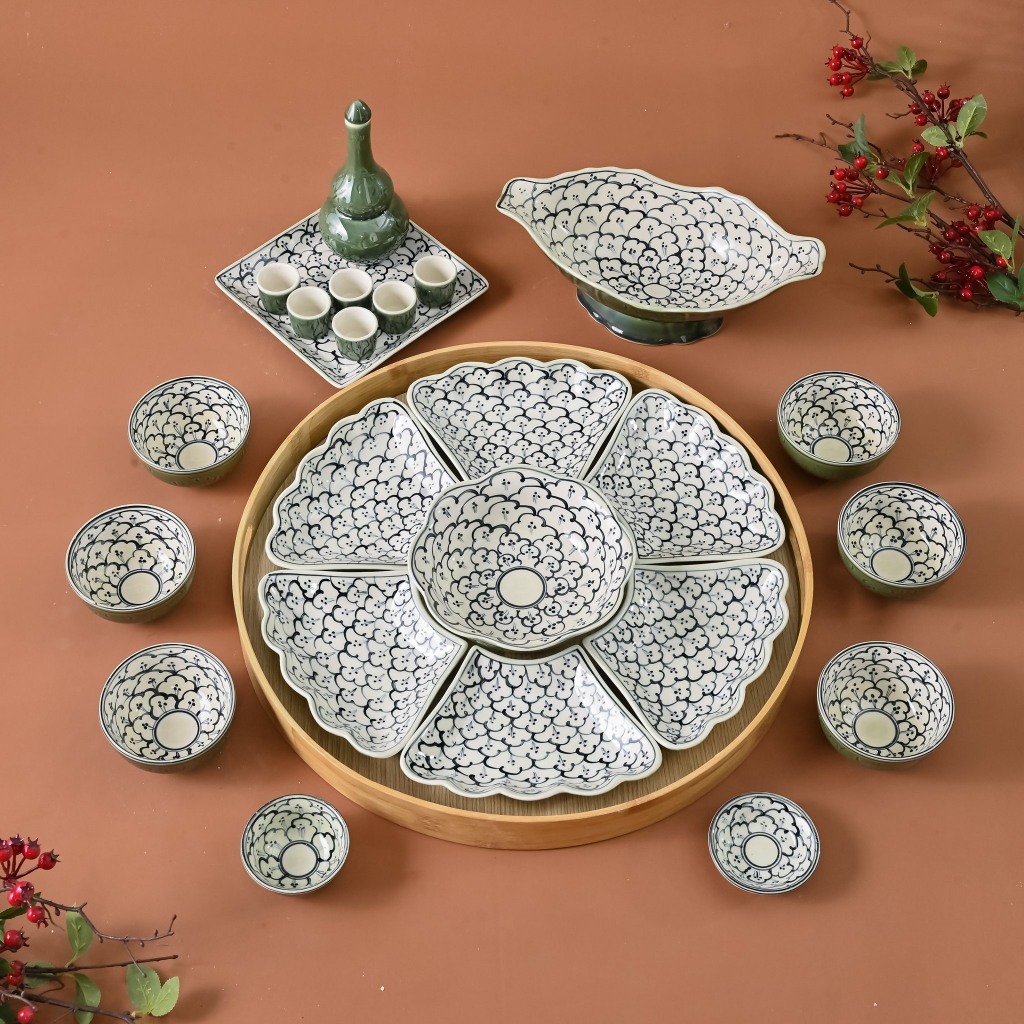 Bộ bát cúng gia tiên gốm sứ bát tràng,bộ bát đĩa hoa mặt trời, bát đĩa thờ cúng,bát đĩa thắp hương B
