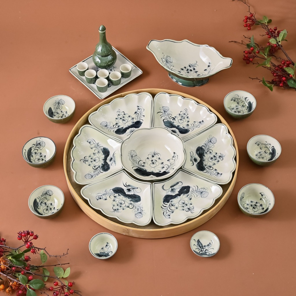 Bộ bát cúng gia tiên gốm sứ bát tràng,bộ bát đĩa hoa mặt trời, bát đĩa thờ cúng,bát đĩa thắp hương S