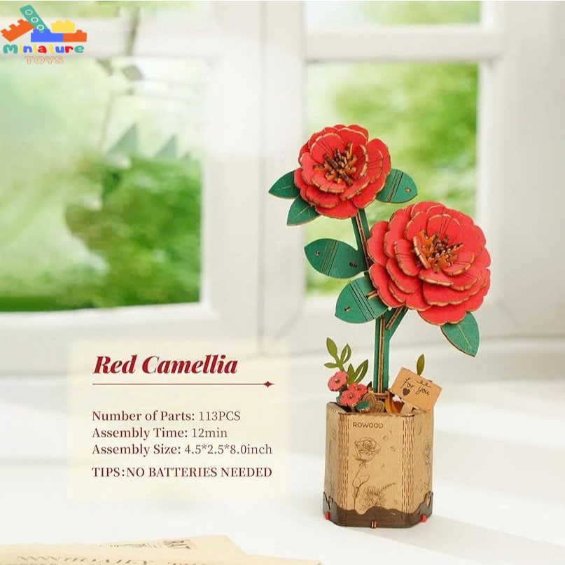 Mô hình hoa gỗ tự lắp ghép 3D DIY Robotime Rowood | Red Camelia Wooden Flower Puzzle TW031