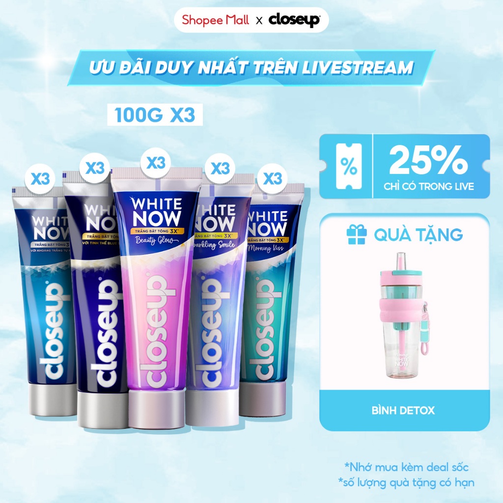  LIVE  Combo 3 kem đánh răng CLOSEUP White Now - Trắng Bật Tông 3X tức thì từ Công nghệ Ánh Sáng Xanh 100g 