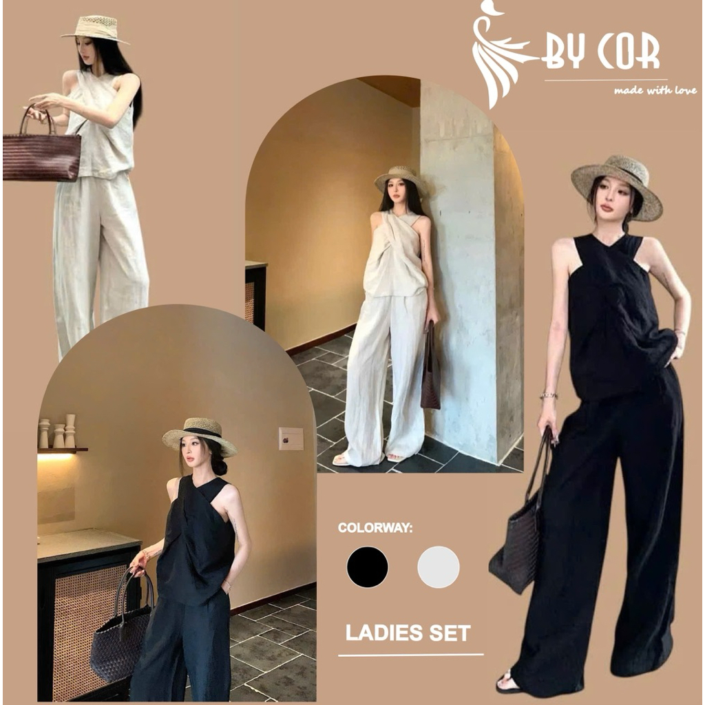 Ladies Set /By Cor/ Set Linen áo chéo cổ mix quần dài ống rộng