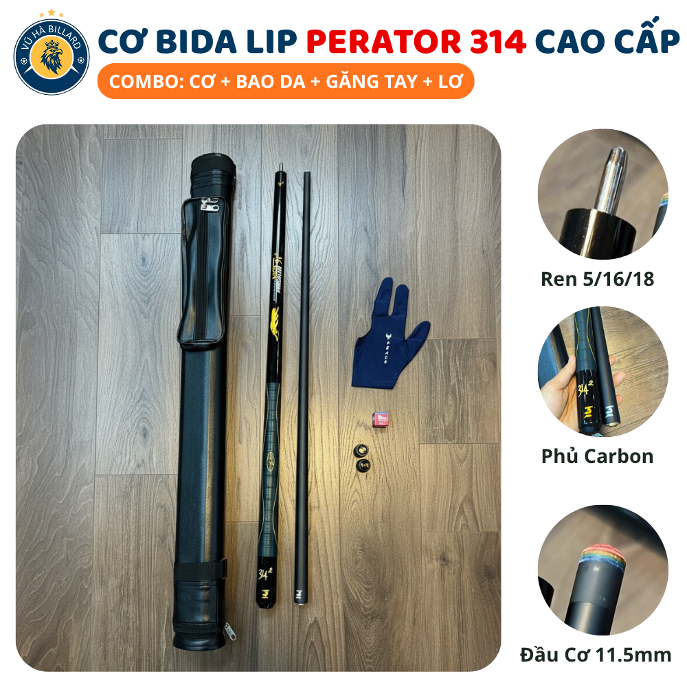 Cơ Bida LIP PERATOR 314 Phủ Carbon - Gậy Bida Gỗ Maple, Đầu Cơ 11.4mm 6 Lớp Cao Cấp Chính Hãng