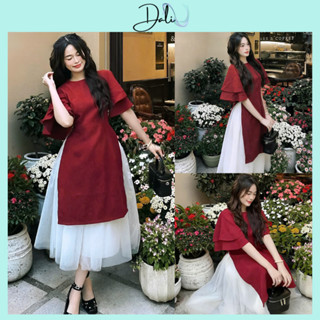  Áo dài Cách Tân Chất Liệu Nhung Tăm Tay Loe Bèo + Chân Váy Voan Dáng Dài 2 Lớp 