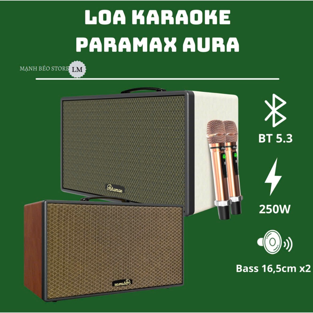 Loa karaoke - Paramax Aura 250w bass 16,5x2 - kèm 2 micro UHF, pin 4-8h - BH chính hãng 12 tháng