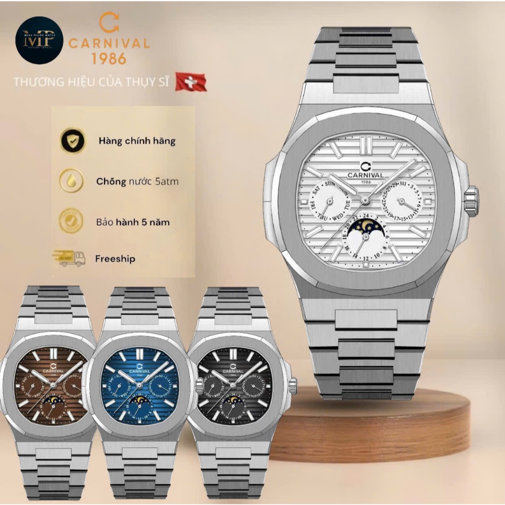 Đồng hồ nam Carnival 8179G cơ automatic chạy 6kim cọc dạ quang dây kim loại sang trọng