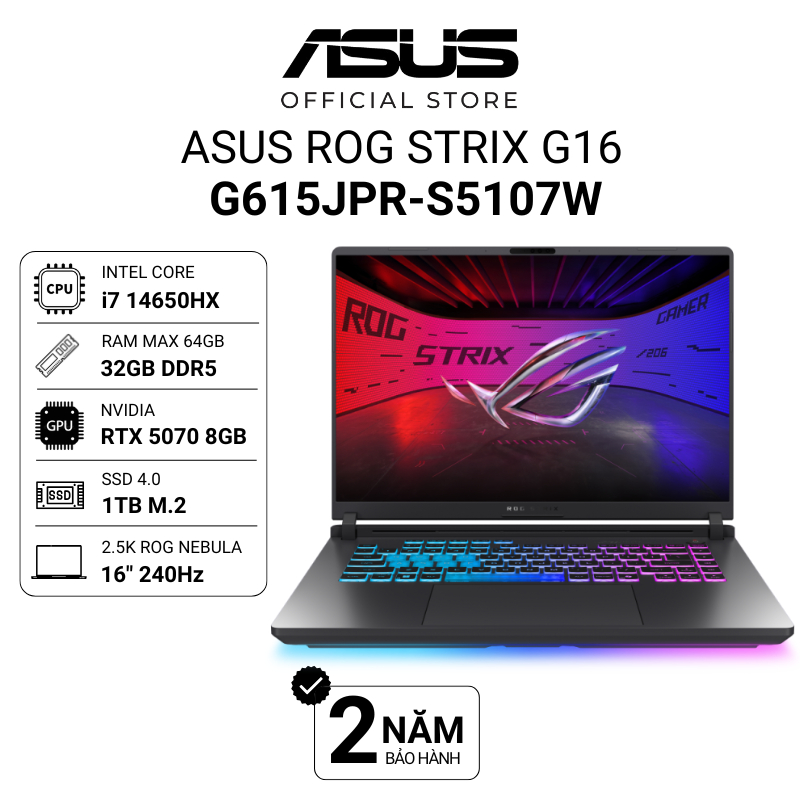Laptop ASUS ROG Strix G16 G615JPR-S5107W Core i7-14650HX | RTX 5070 16" 2.5K 240Hz | 32GB | 1TB W11