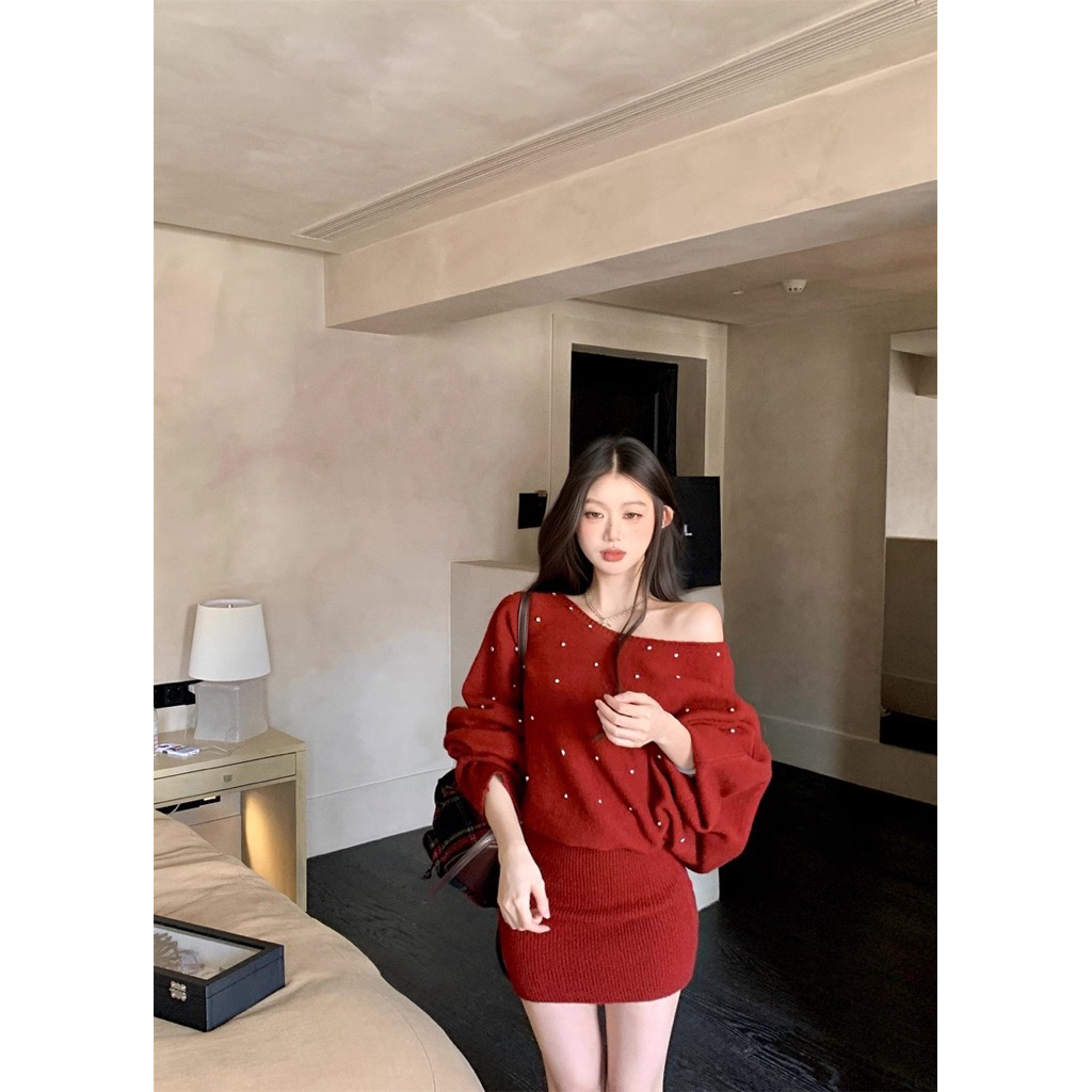 Đầm body đỏ tay cánh dơi đính hạt TABISHOP Váy body lệch vai mặc noel tết tôn dáng | BigBuy360 - bigbuy360.vn