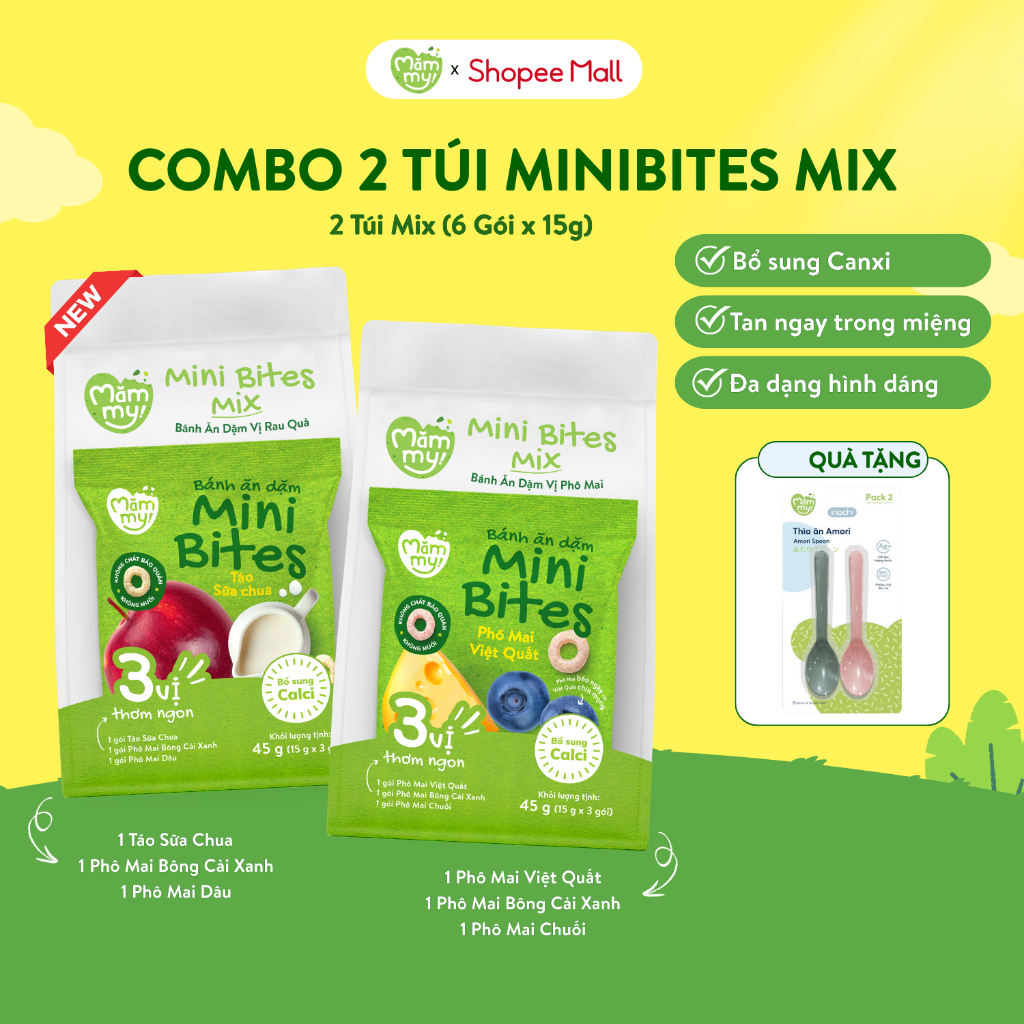 Bánh Ăn Dặm Mini Bites Mămmy bổ sung canxi hỗ trợ tập nhai cho bé từ 6 tháng gói 15g